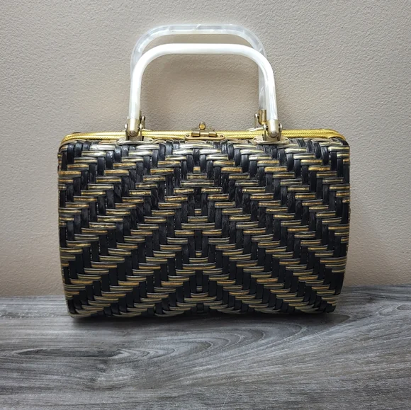 Vintage Stylecraft Black Gold Woven Plastic Handbag MCM - Picture 2 of 12